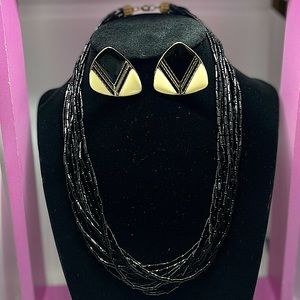 Vintage 80's Multi-Row Black
Bead Necklace and pierced Enamel Earrings